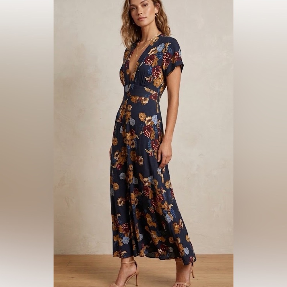 Cleobella Navy Floral Deep V-Neck Button Front Maxi Button Down Dress Sm Boho